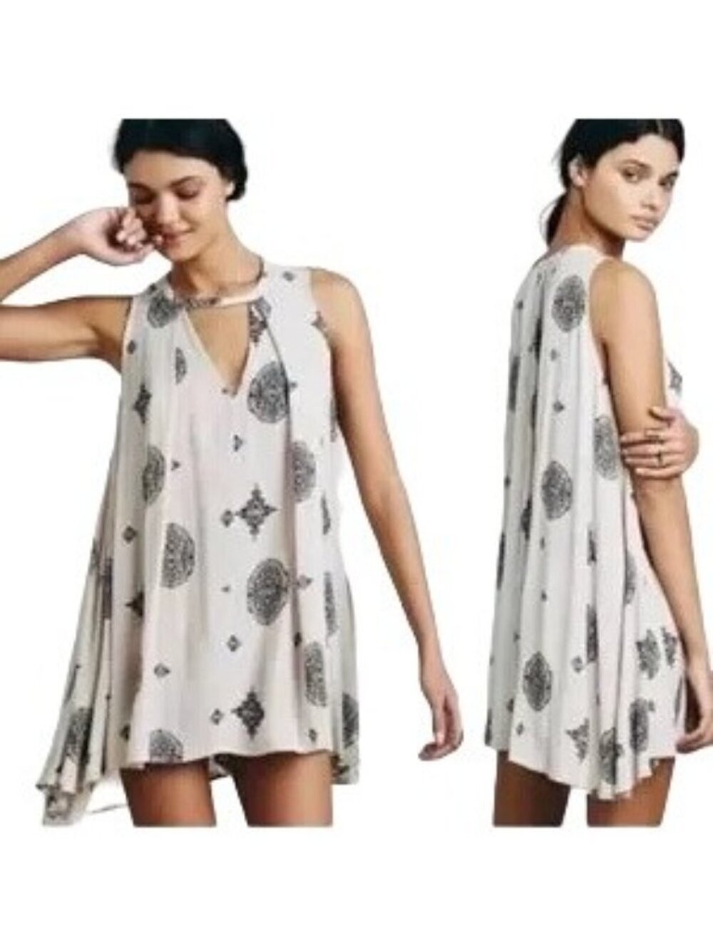 Free People Tree Swing Beige Medallion Print Tunic Mini Dress